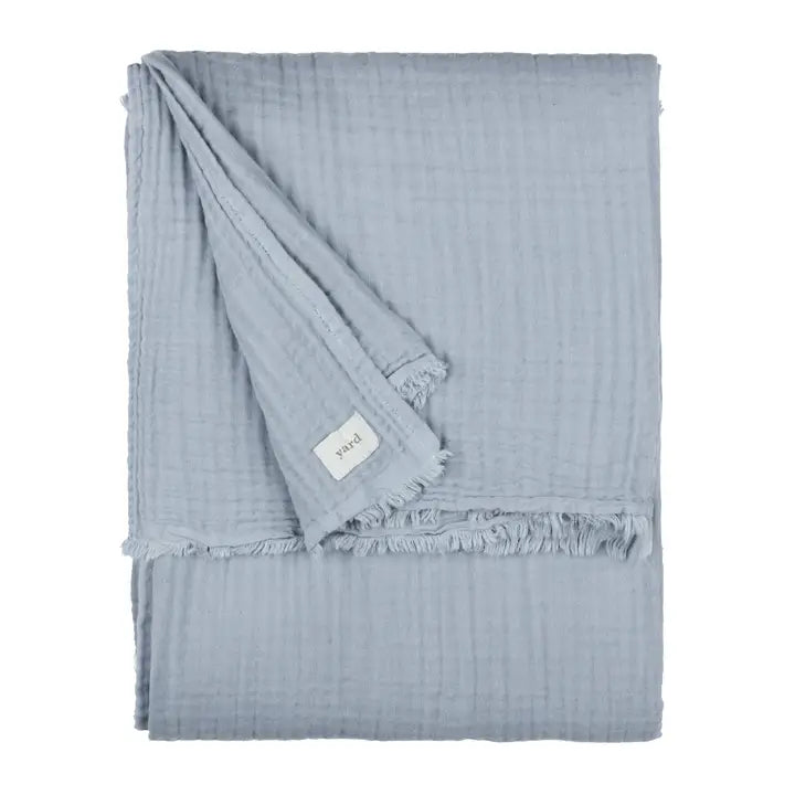 Light blue textured blanket with frayed edges on a white background
