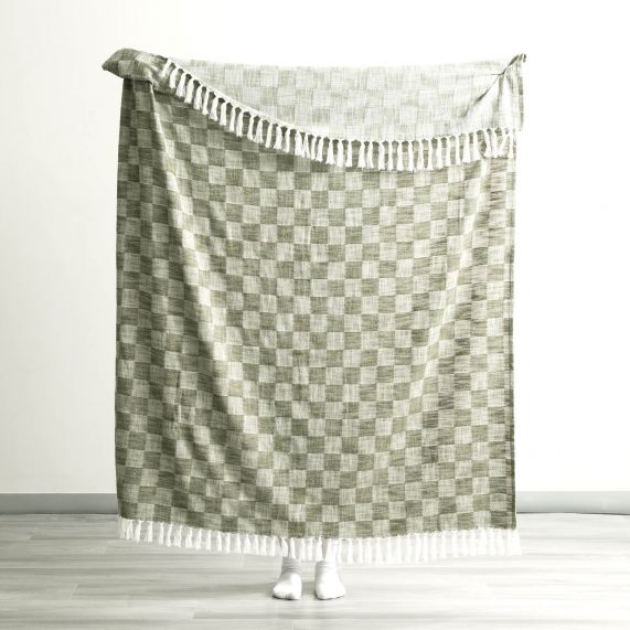 Green check stone washed cotton throw