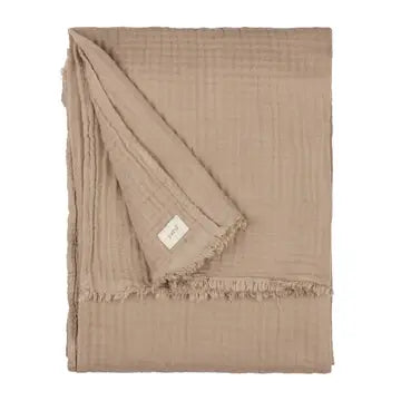 Brown textured blanket with a tag on a white background