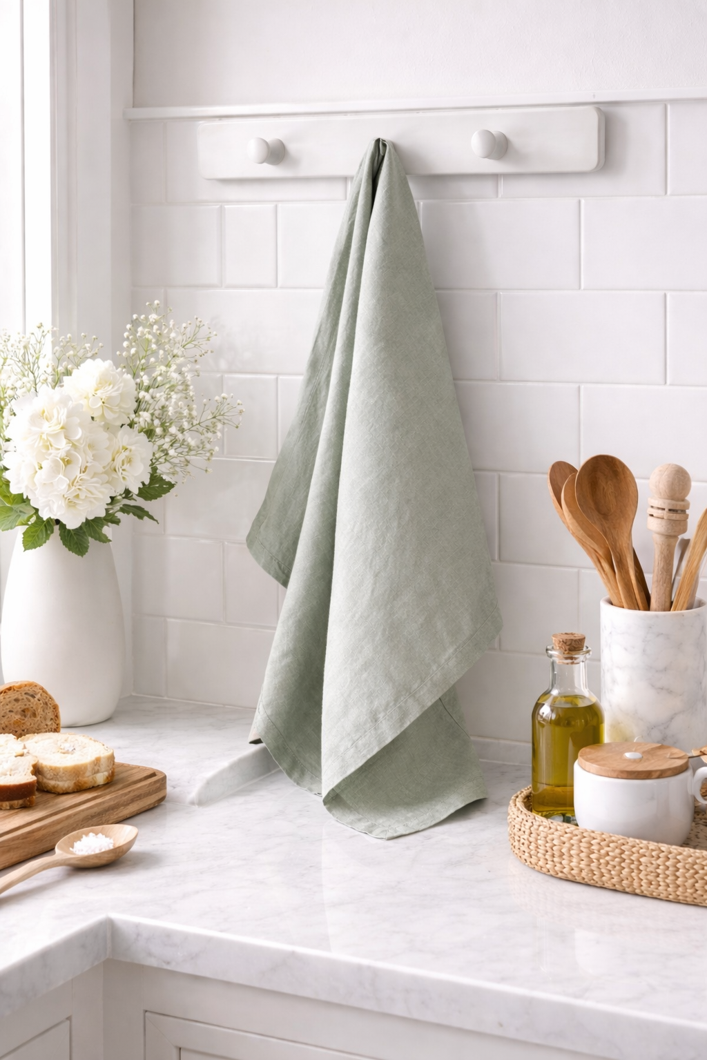 Kitchen counter with a green towel, wooden utensils, and a vase of flowers.