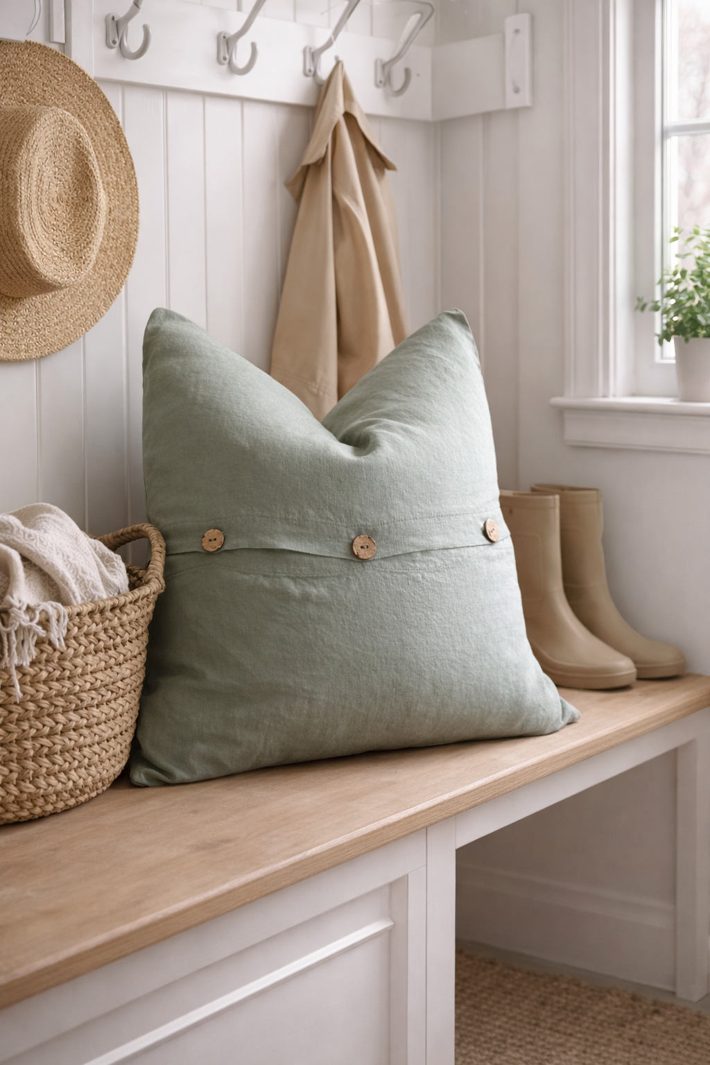 Green pillow on a wooden bench with a hat, basket, and boots in a home setting.