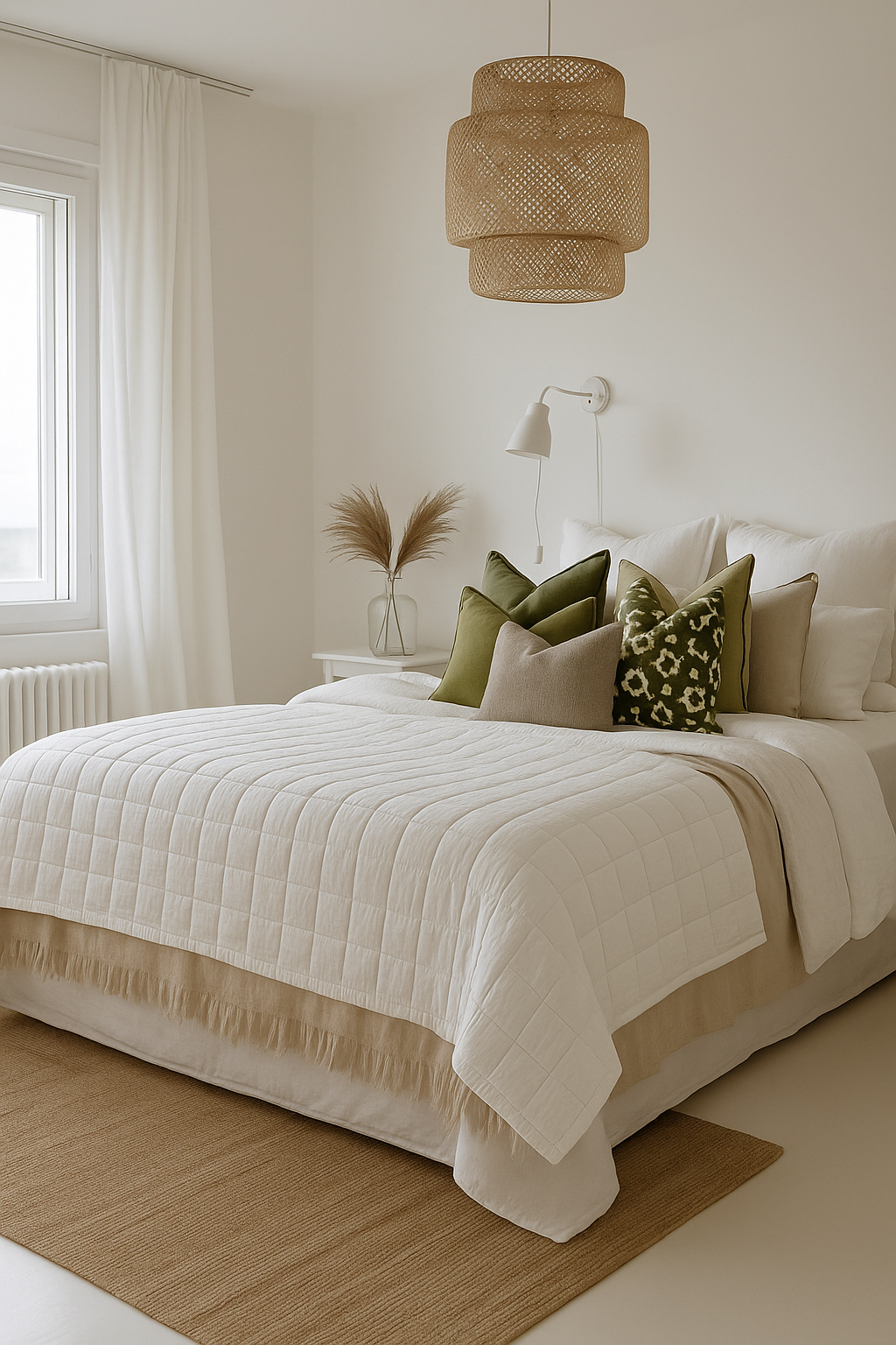 Neatly made bed with decorative pillows in a bedroom setting.