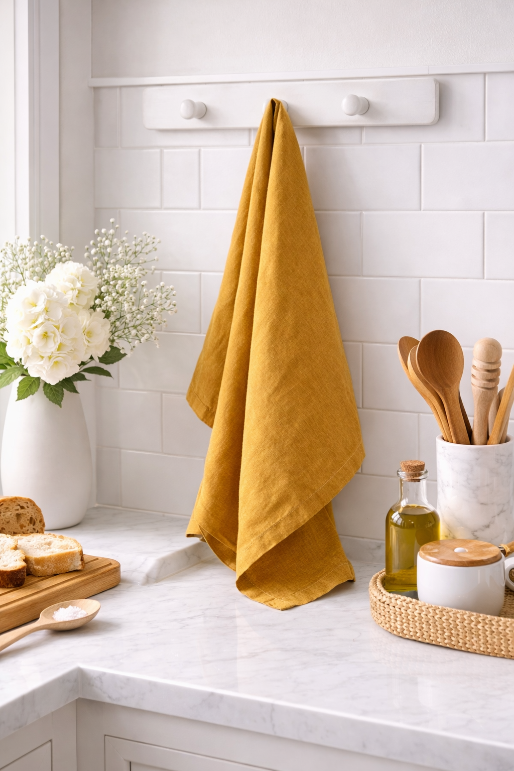 Yellow towel hanging on a kitchen rack with a white tiled wall and kitchen utensils in the background.