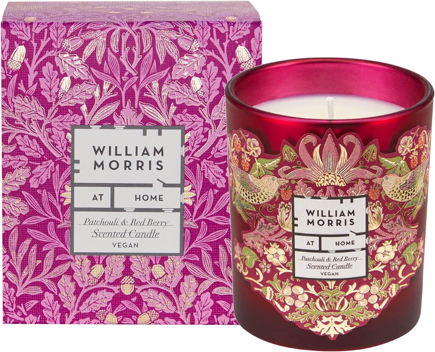 William Morris Strawberry Thief Candle -Pink - Patchouli & Red Berry