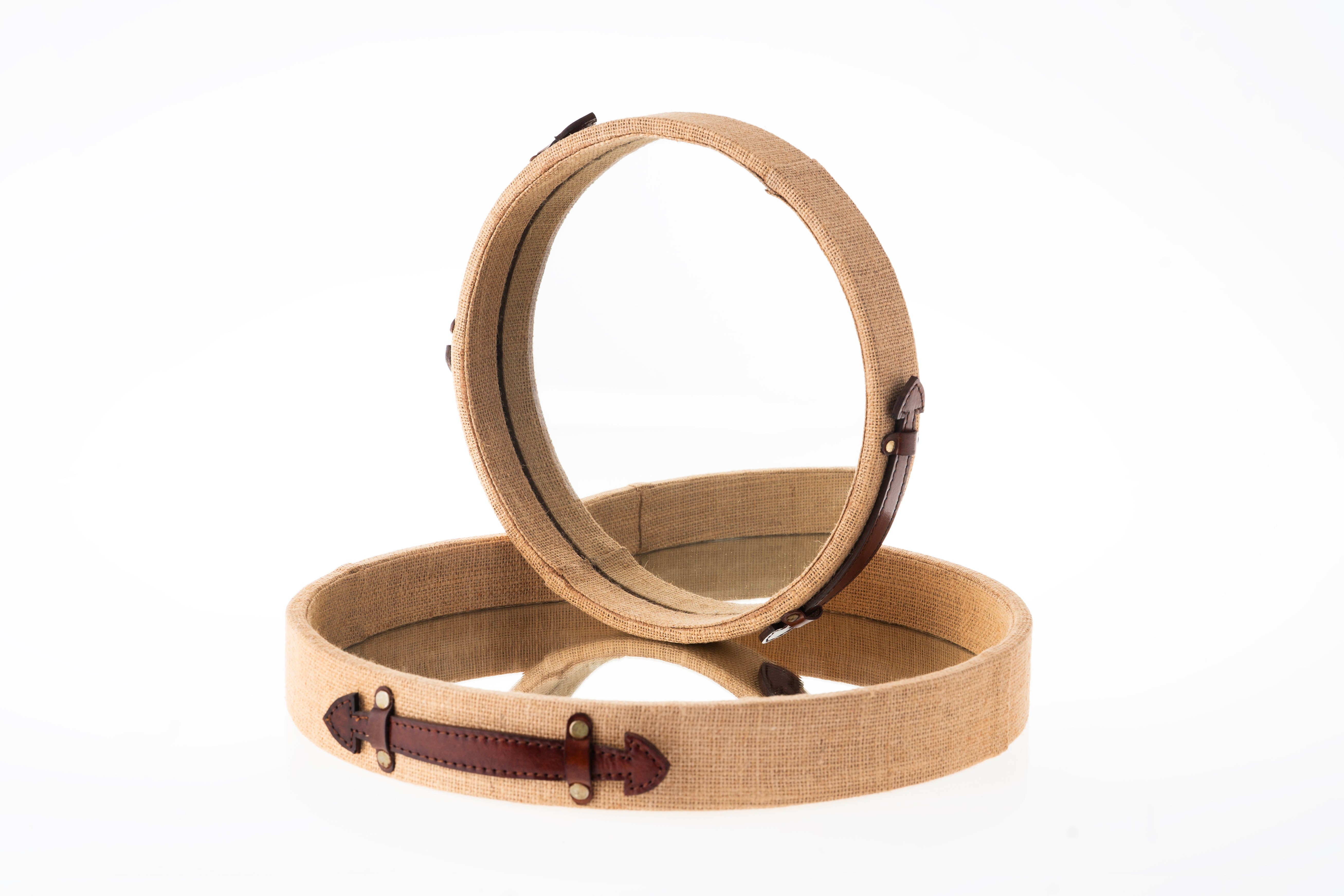Jute & Leather Round Mirrored Tray 31cm