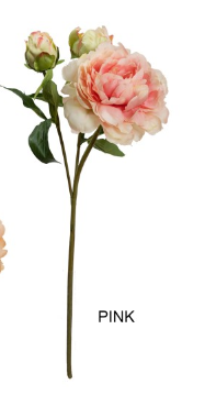 A single artificial-looking pink flower stem with a large pale pink bloom, two smaller buds, green leaves, and the word PINK printed below on a white background.