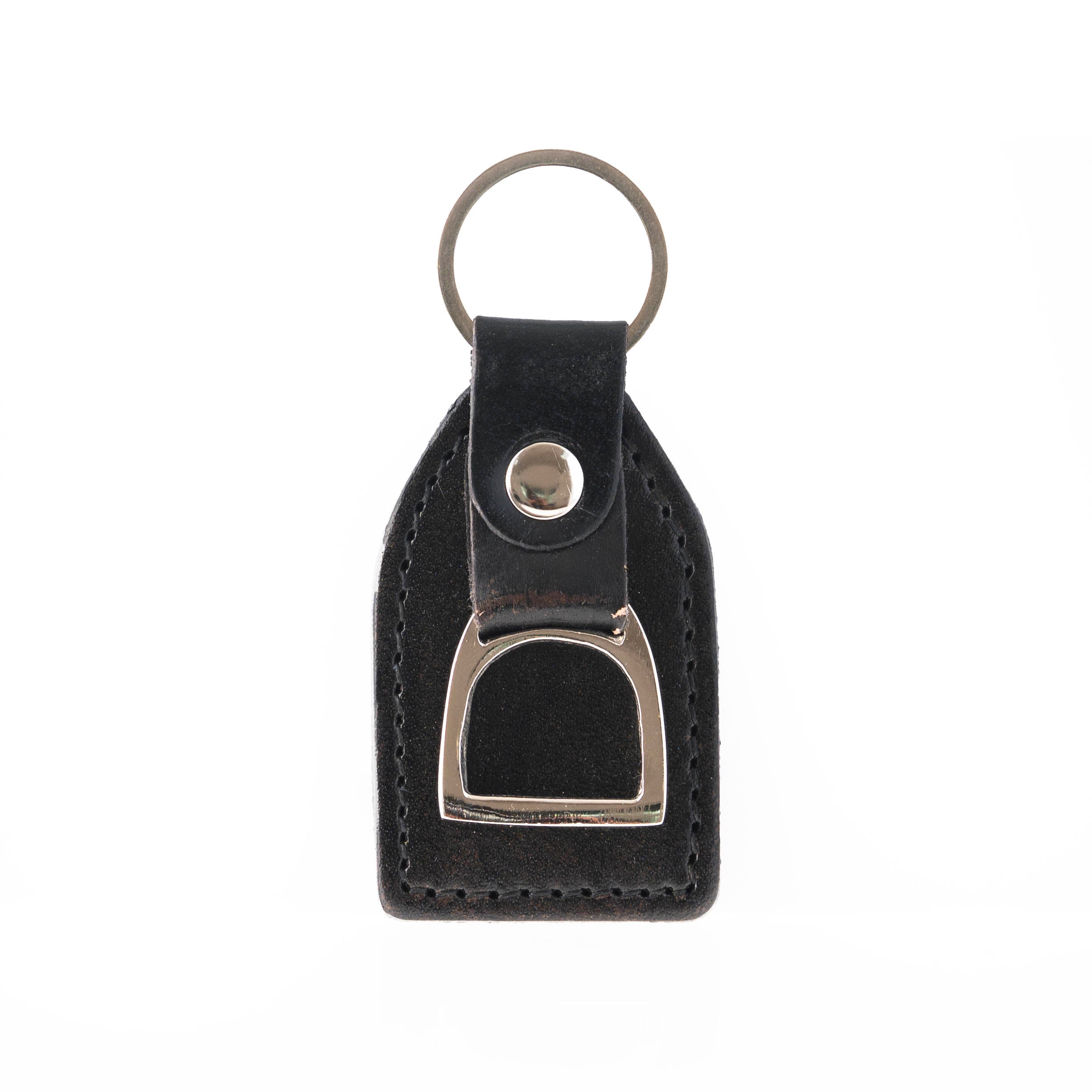 Black leather key fob with silver metal ring and buckle on a white background