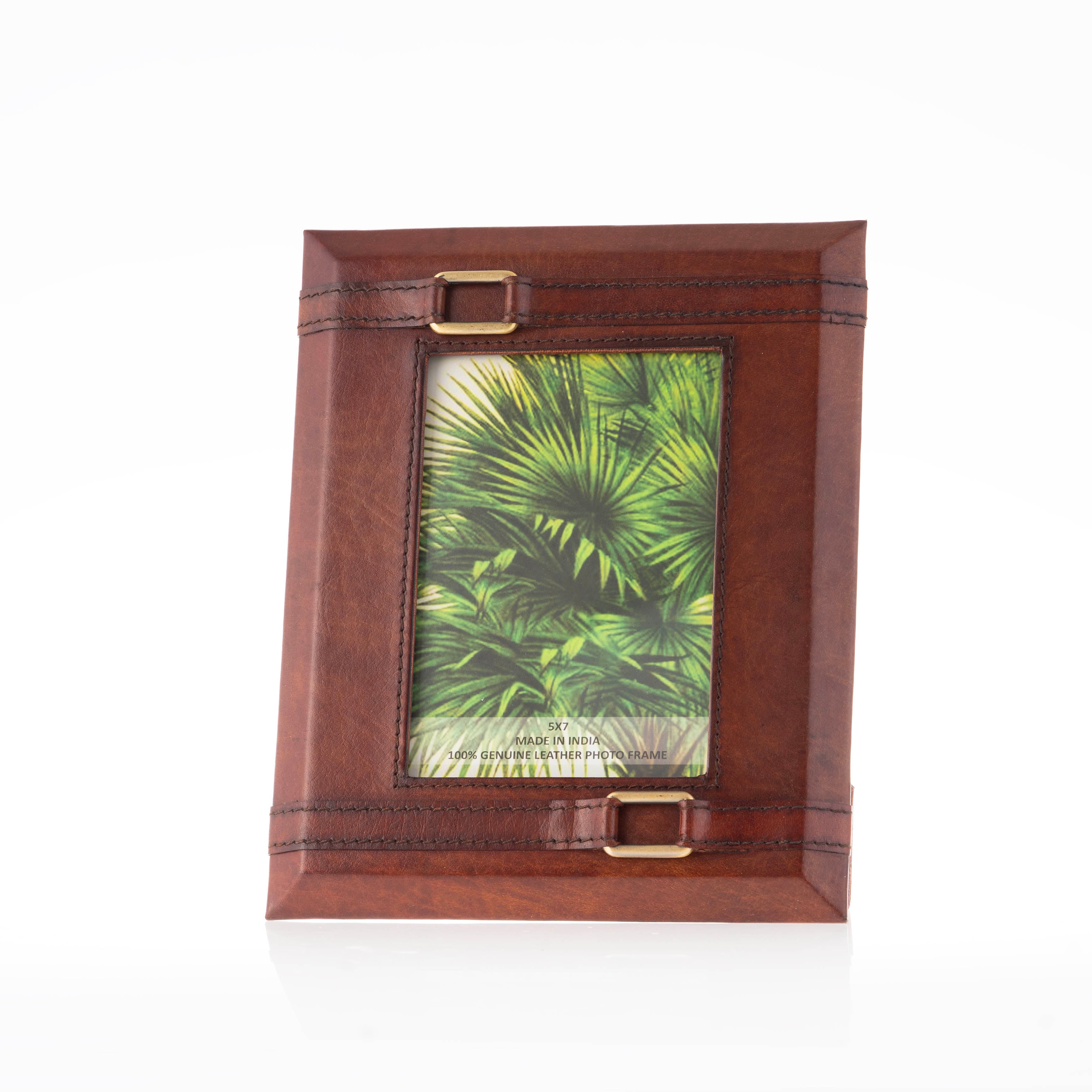 Brown leather picture frame with gold hardware
