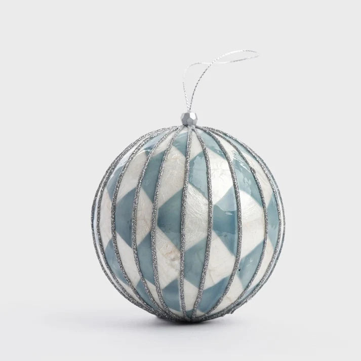 Checker Hand Painted Capiz Bauble Blue Lge