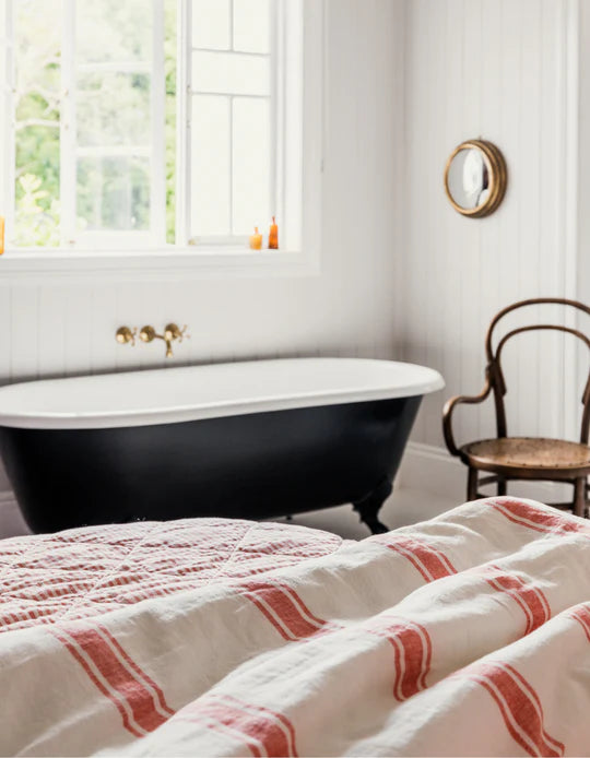 Salt Linen Flat Sheet Queen - Red Coral Ticking Stripe
