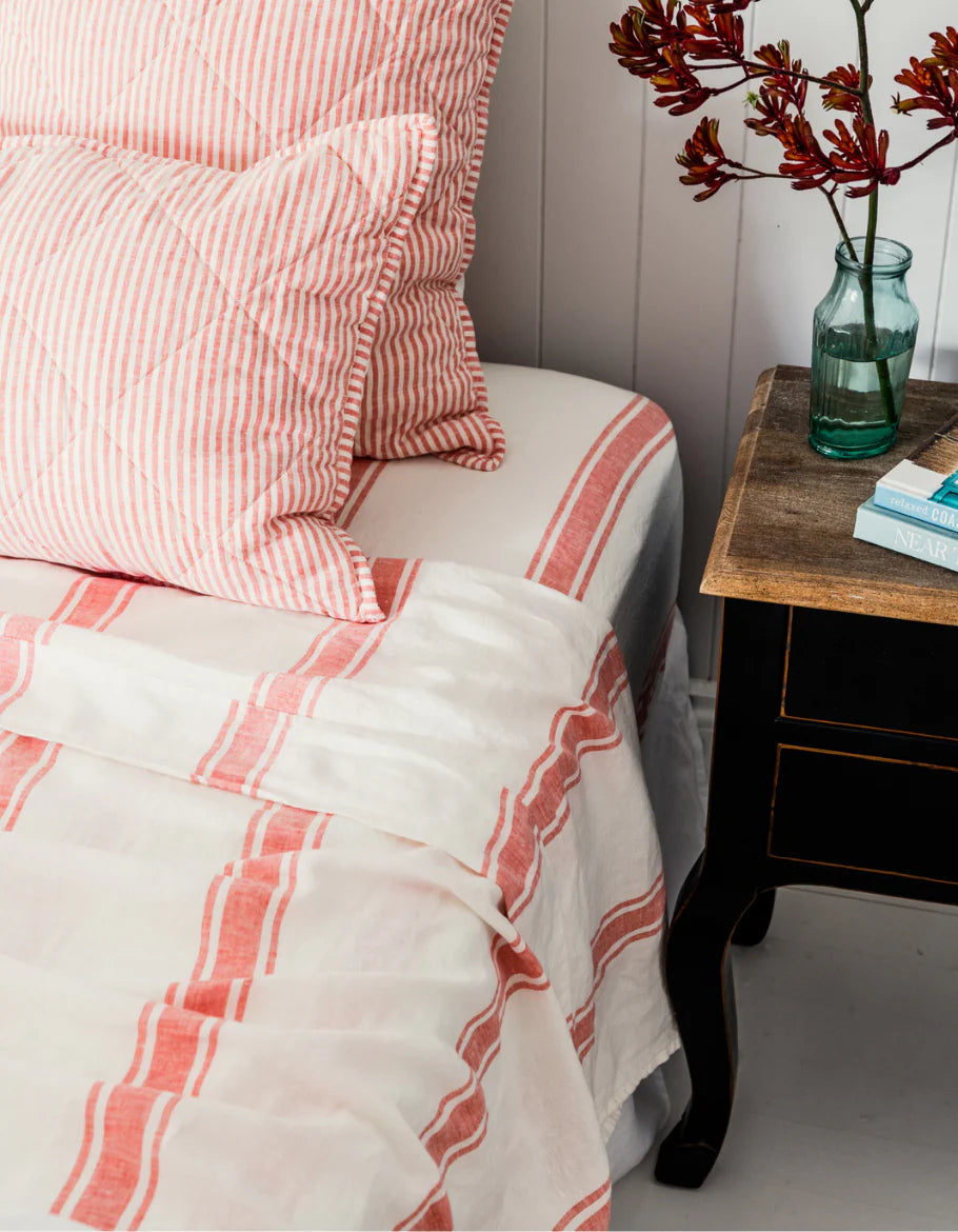 Salt Linen Flat Sheet Queen - Red Coral Ticking Stripe