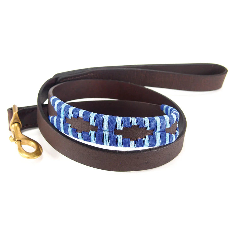 Brown leather dog leash with blue and white pattern
