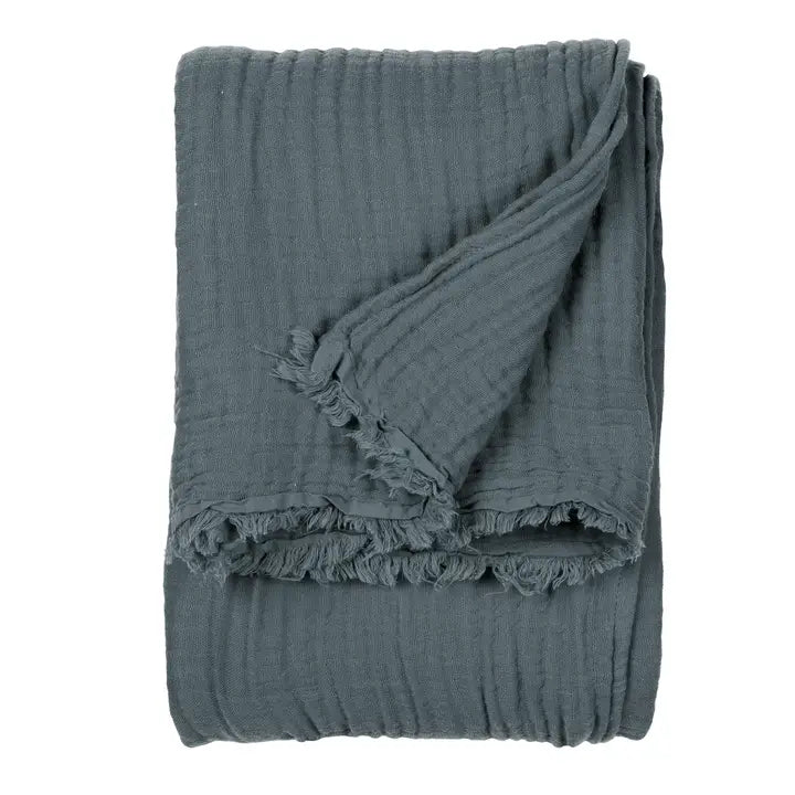 Folded dark blue textured blanket on a white background