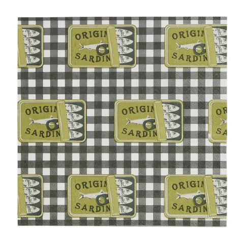 Checkered fabric with 'Origin Sardin' labels pattern
