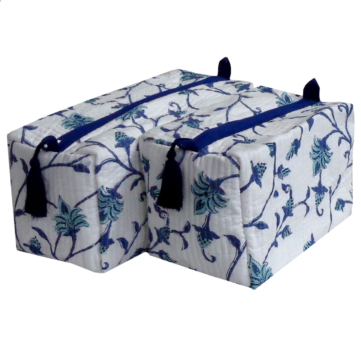 Cosmetic Bag Block Print Blue Bale Floral