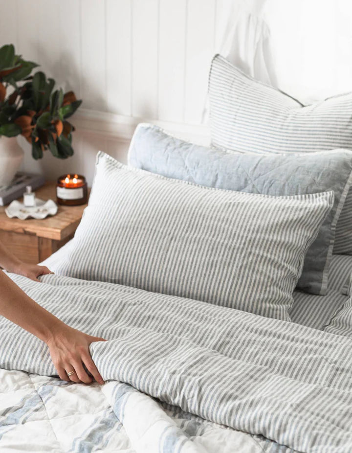 Salt Living Linen Duvet Set French Blue thin Stripe Super King