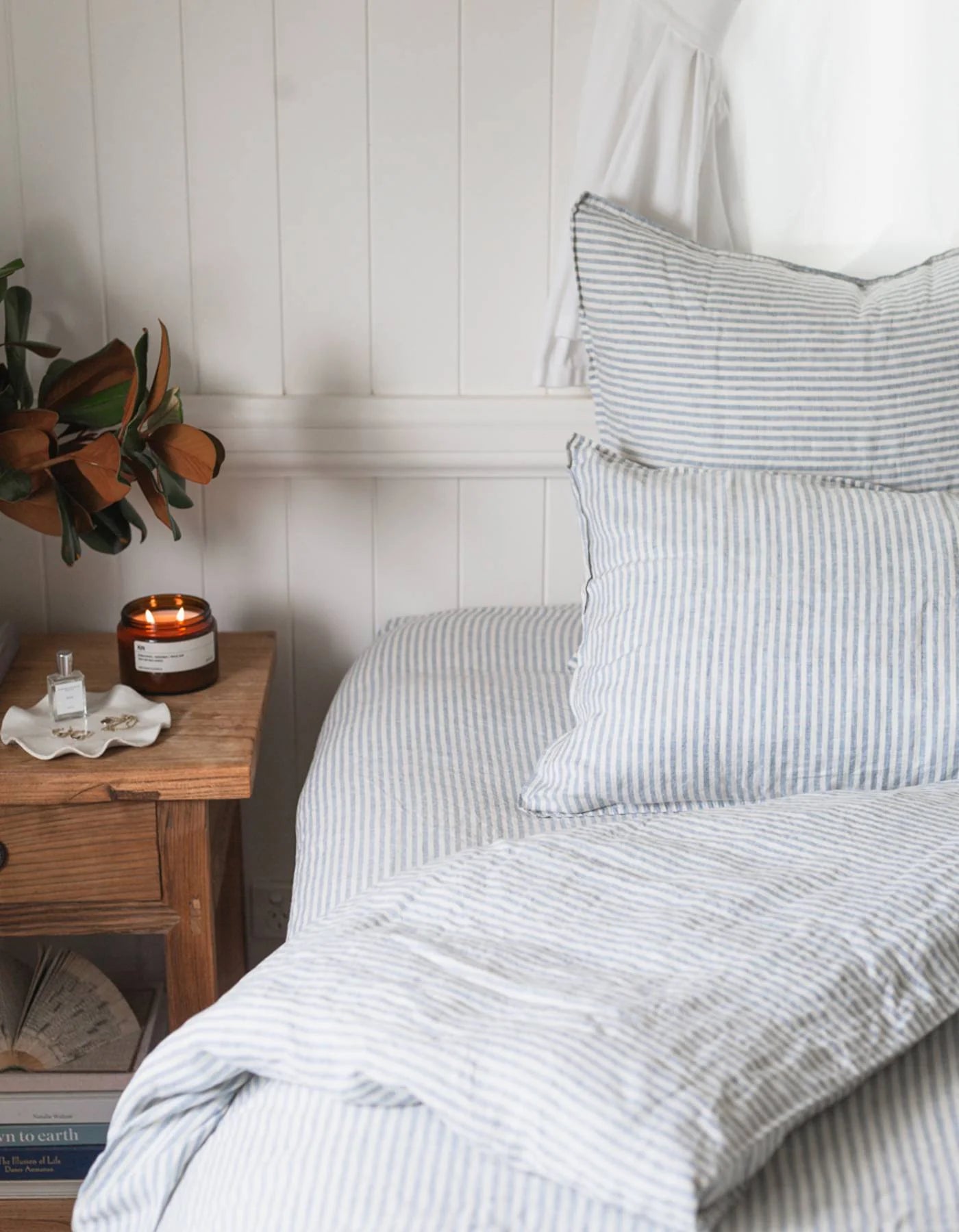 Linen Duvet Cover Set - KING blue stripe