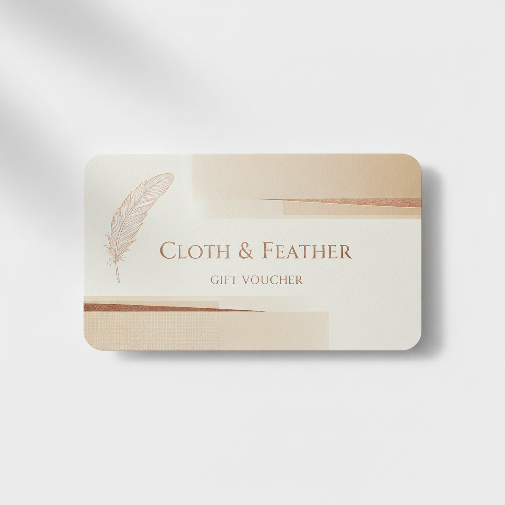 Gift voucher with 'Cloth & Feather' branding on a light gray background