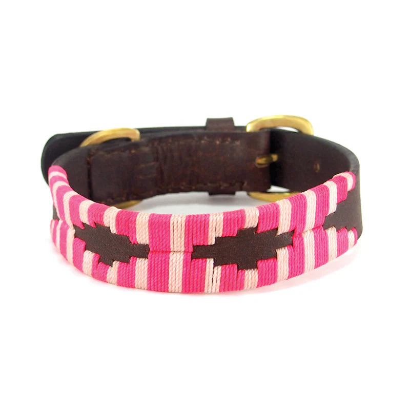 Dog collar with pink and white striped pattern