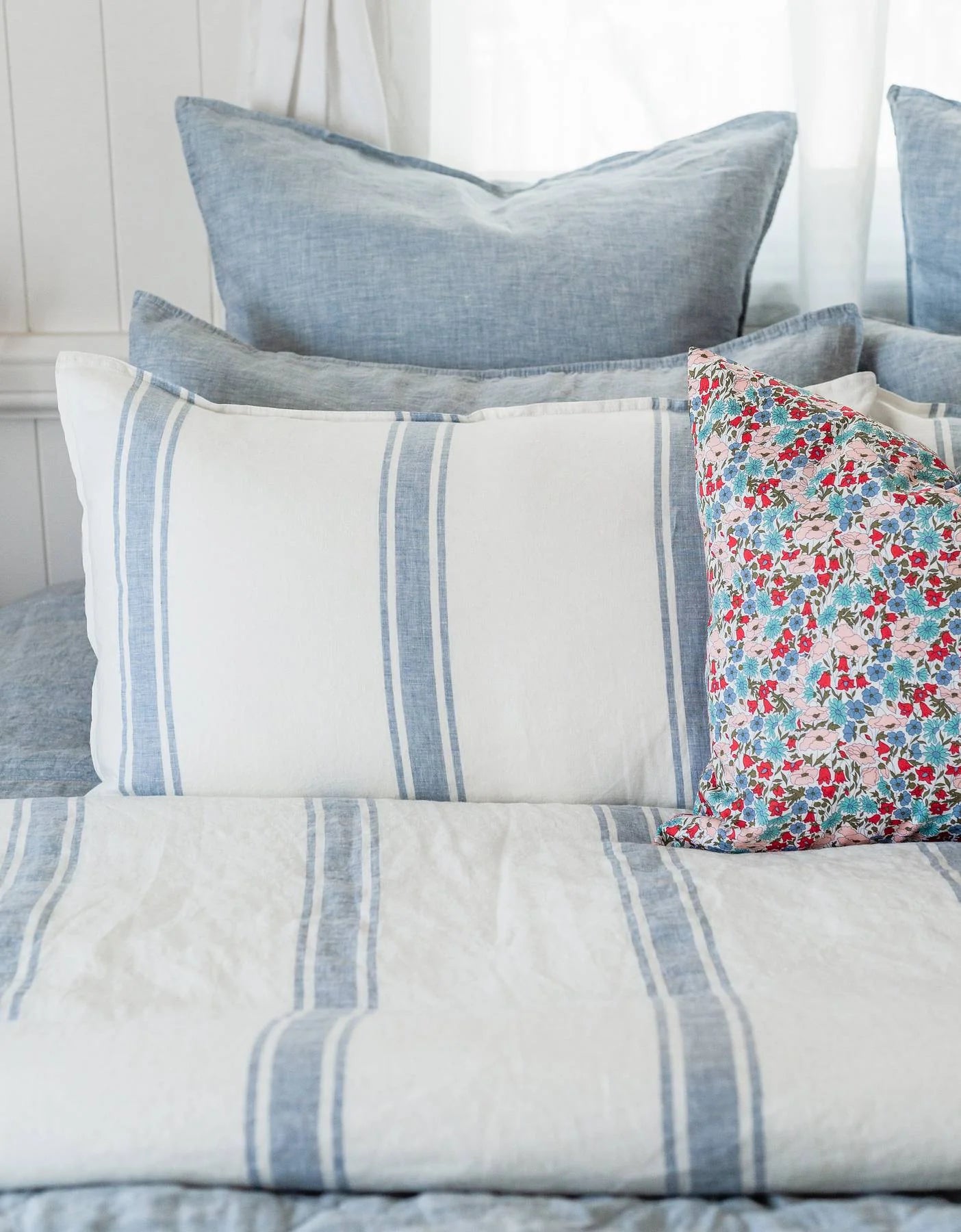 Salt Living Linen King Sheet Set - French Blue Ticking Stripe