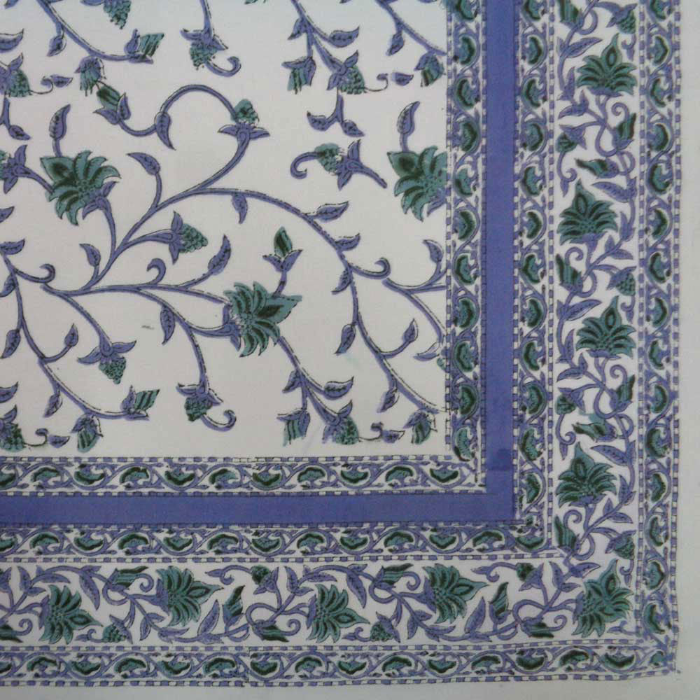 Block Print Square Table Cloth 220cm Floral "Bale" Blue