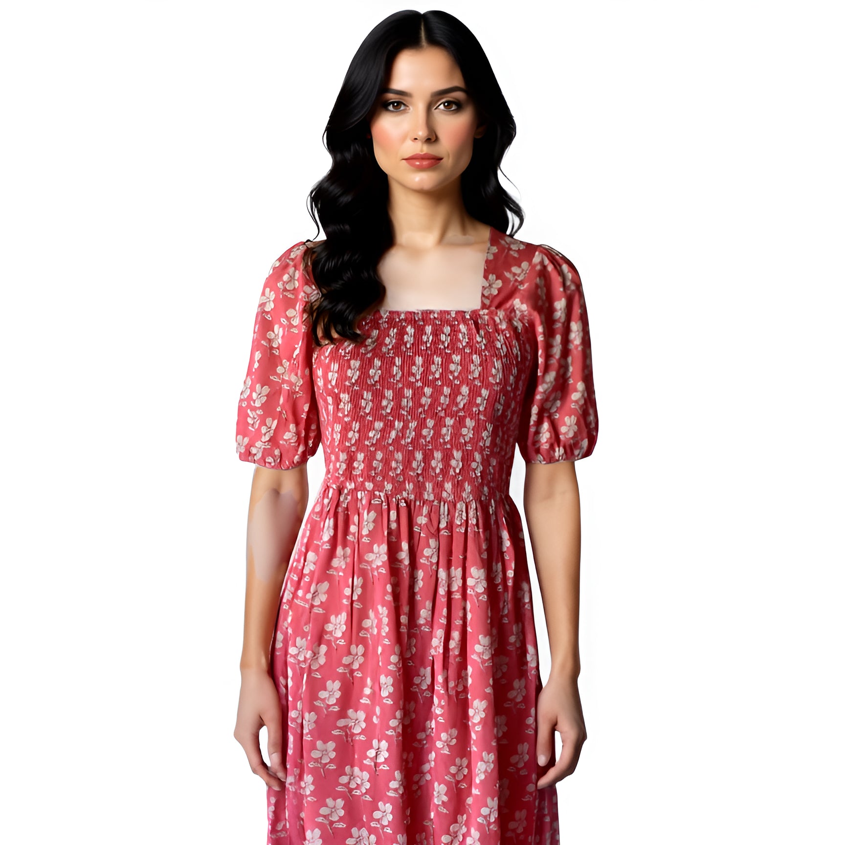 Dress Smocking Pink Floral Blockprint