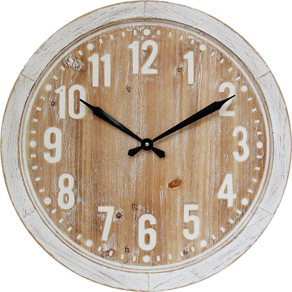Wooden wall clock with white frame and black hands on a white background