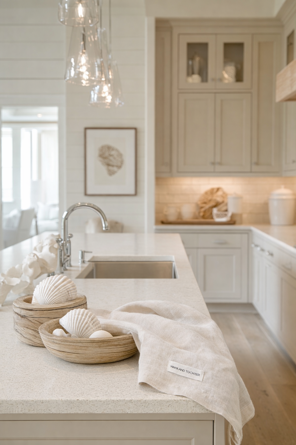 Modern kitchen with light wood cabinets, marble countertop, and decorative elements.