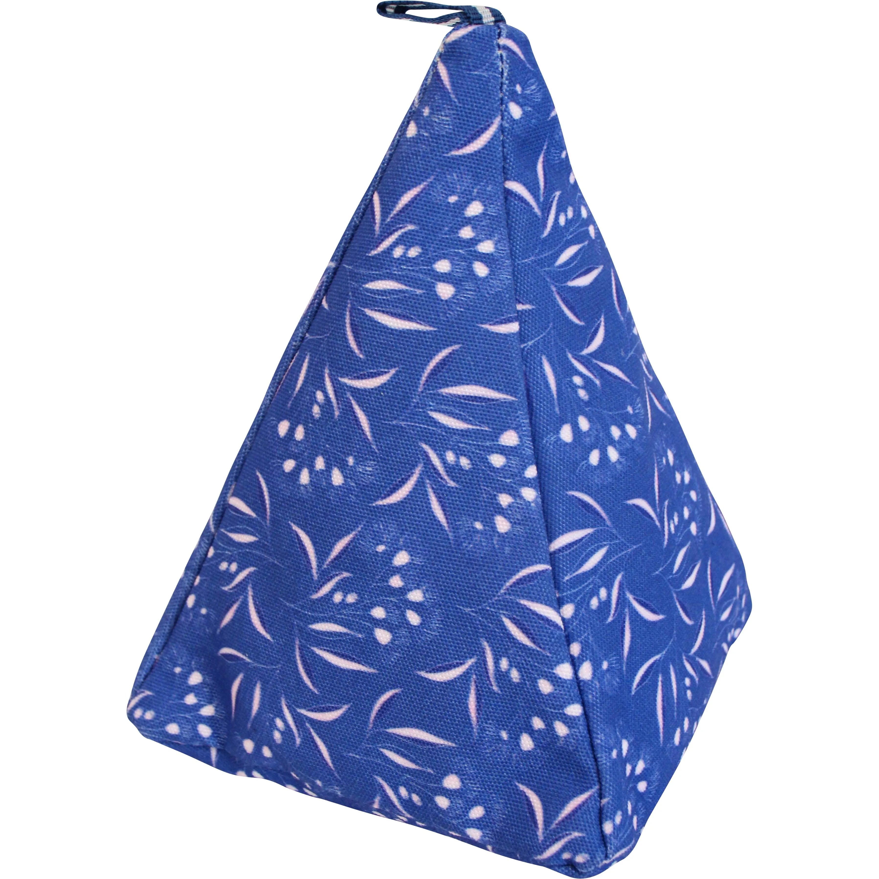 Blue doorstop with white floral pattern on a white background