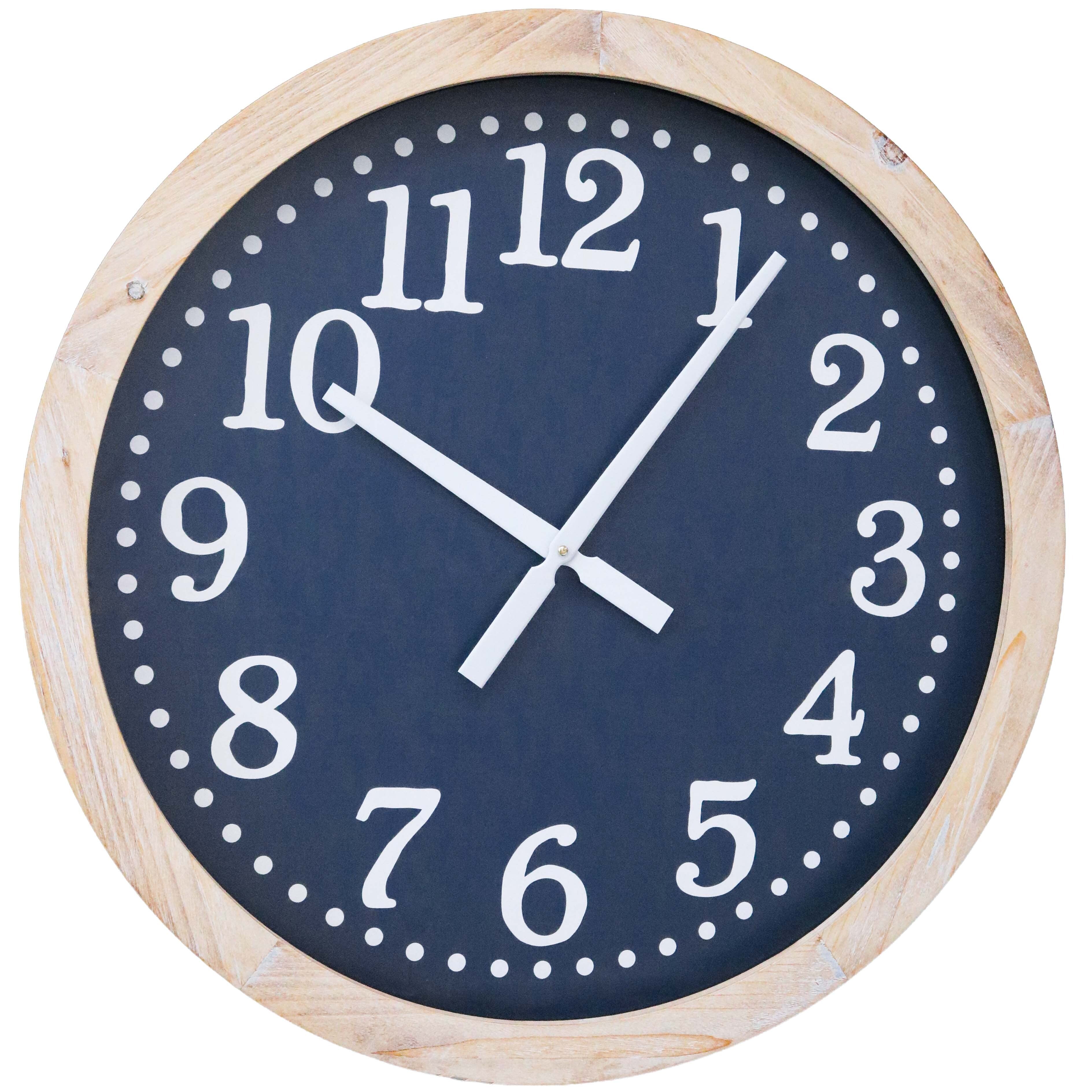 Round wall clock with a wooden frame and black face on a white background