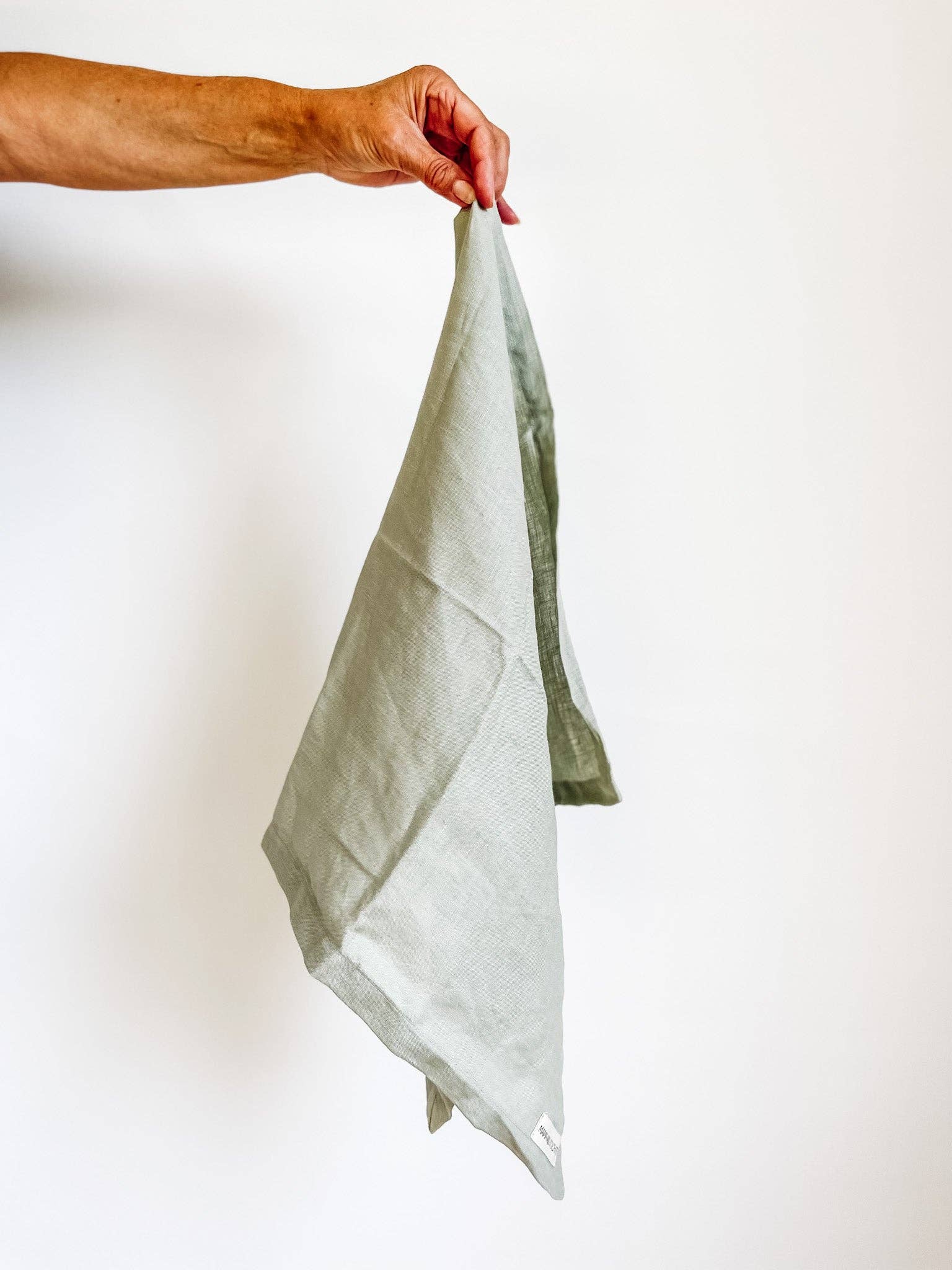 Hand holding a green and white checkered towel against a plain background