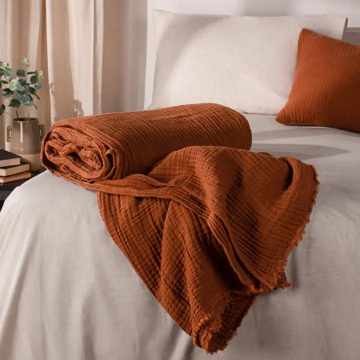 Brown textured blanket draped over a bed with white pillows and a neutral room setting.
