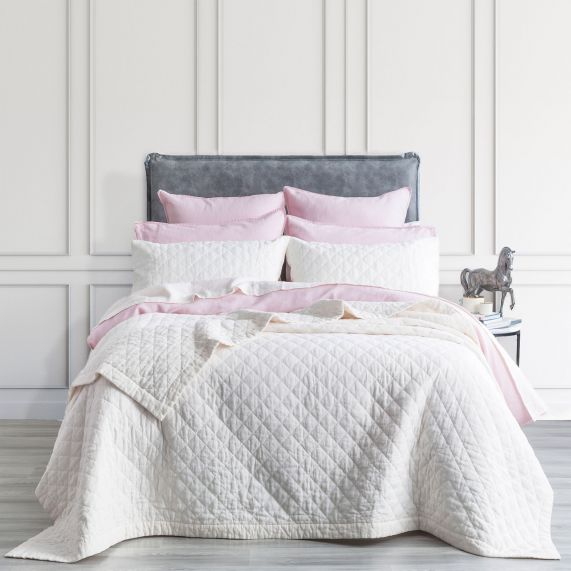 French Linen Quilted Bed Coverlet Set White Queen/King
