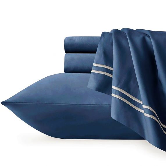 Navy Deep Queen White Detail Embroidered 1000TC Cotton Sheet Set