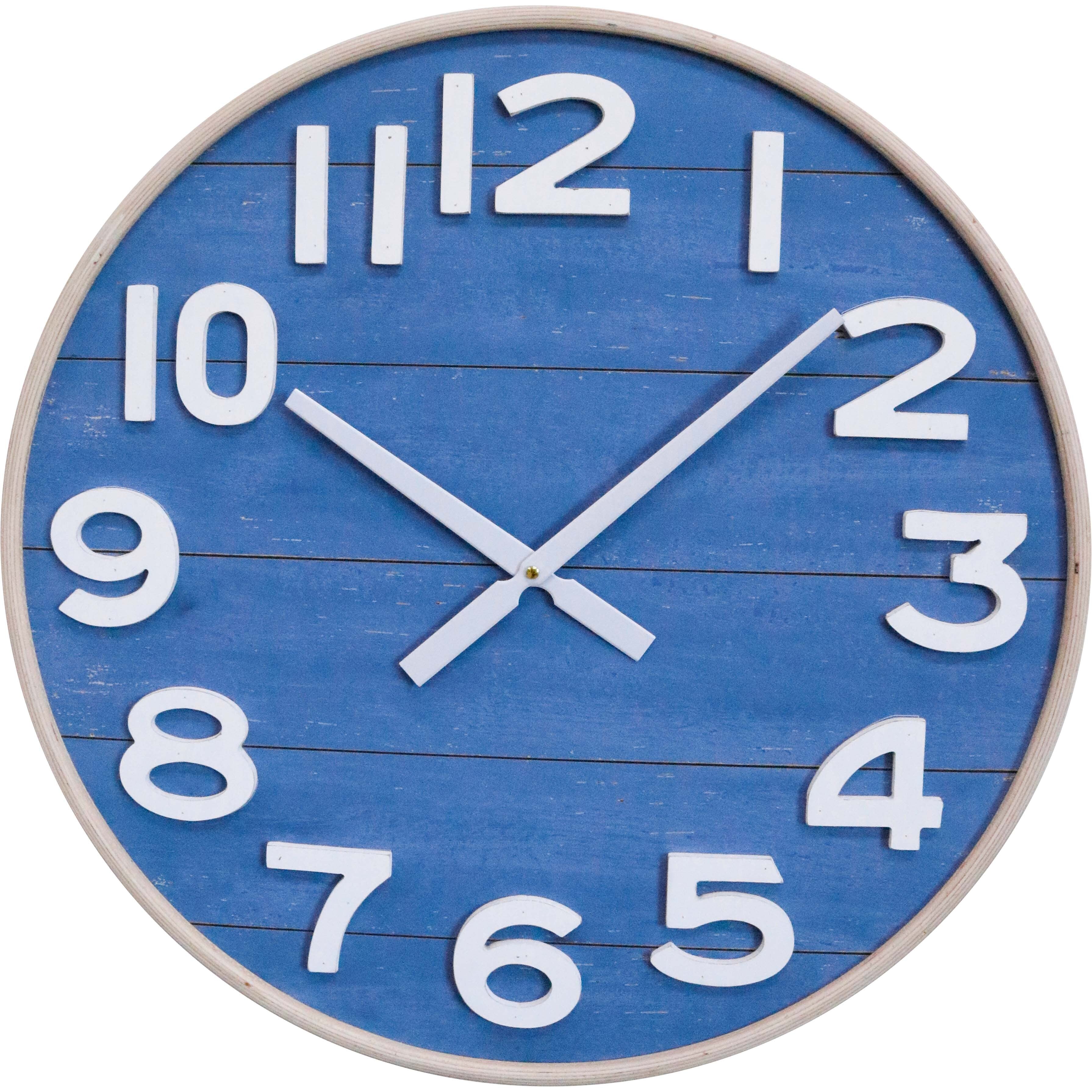 Blue wall clock with white numbers and hands on a white background