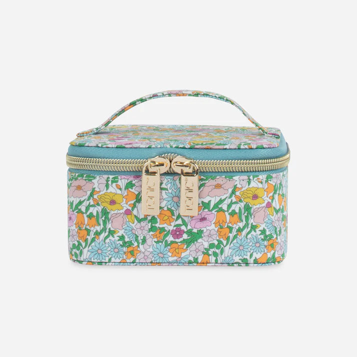 Floral-patterned jewellery case with a gold zipper on a white background