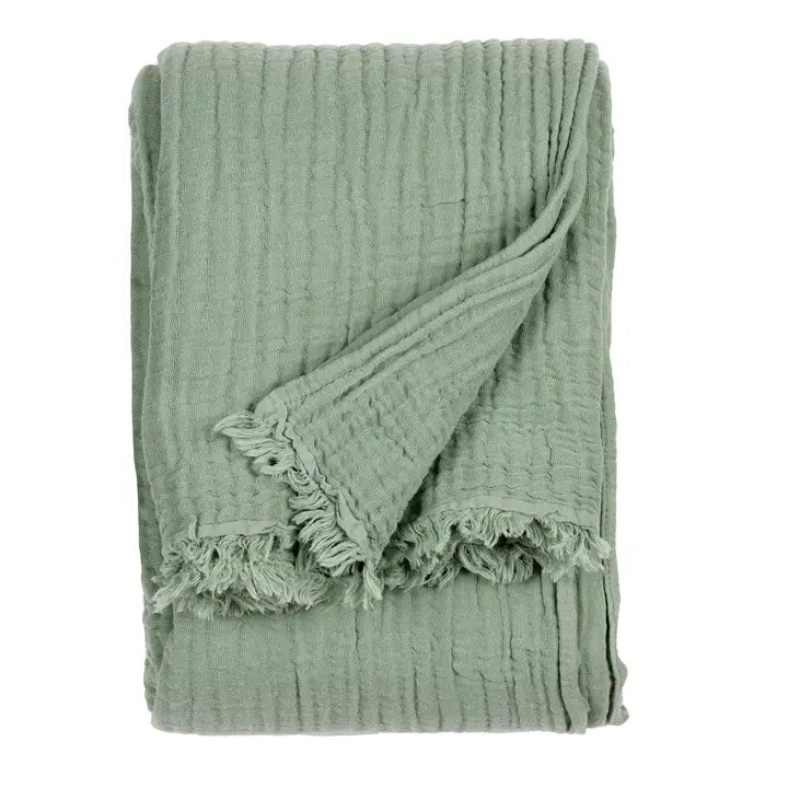 Folded green textured blanket with frayed edges on a white background