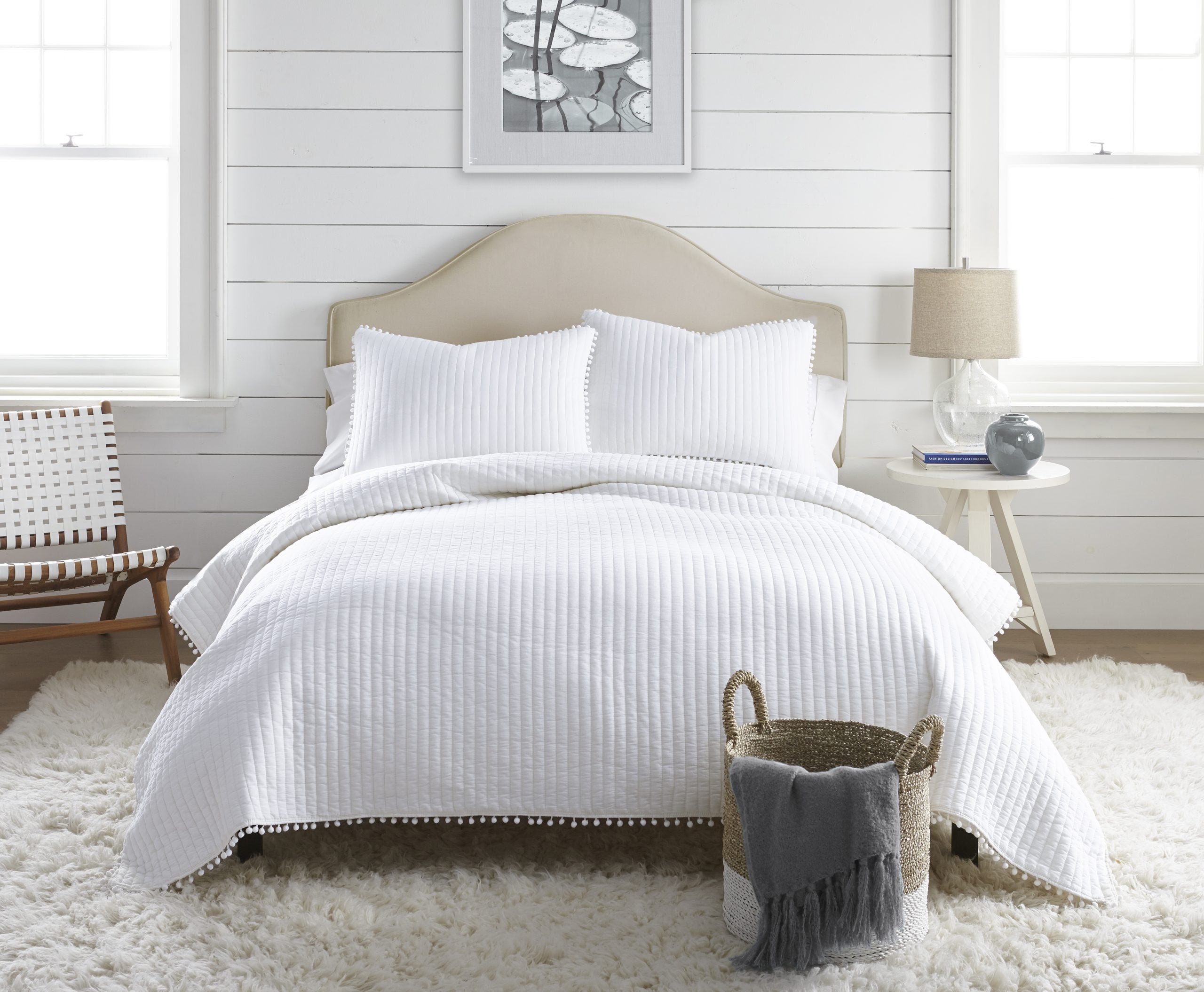 Pom Pom Coverlet Set White