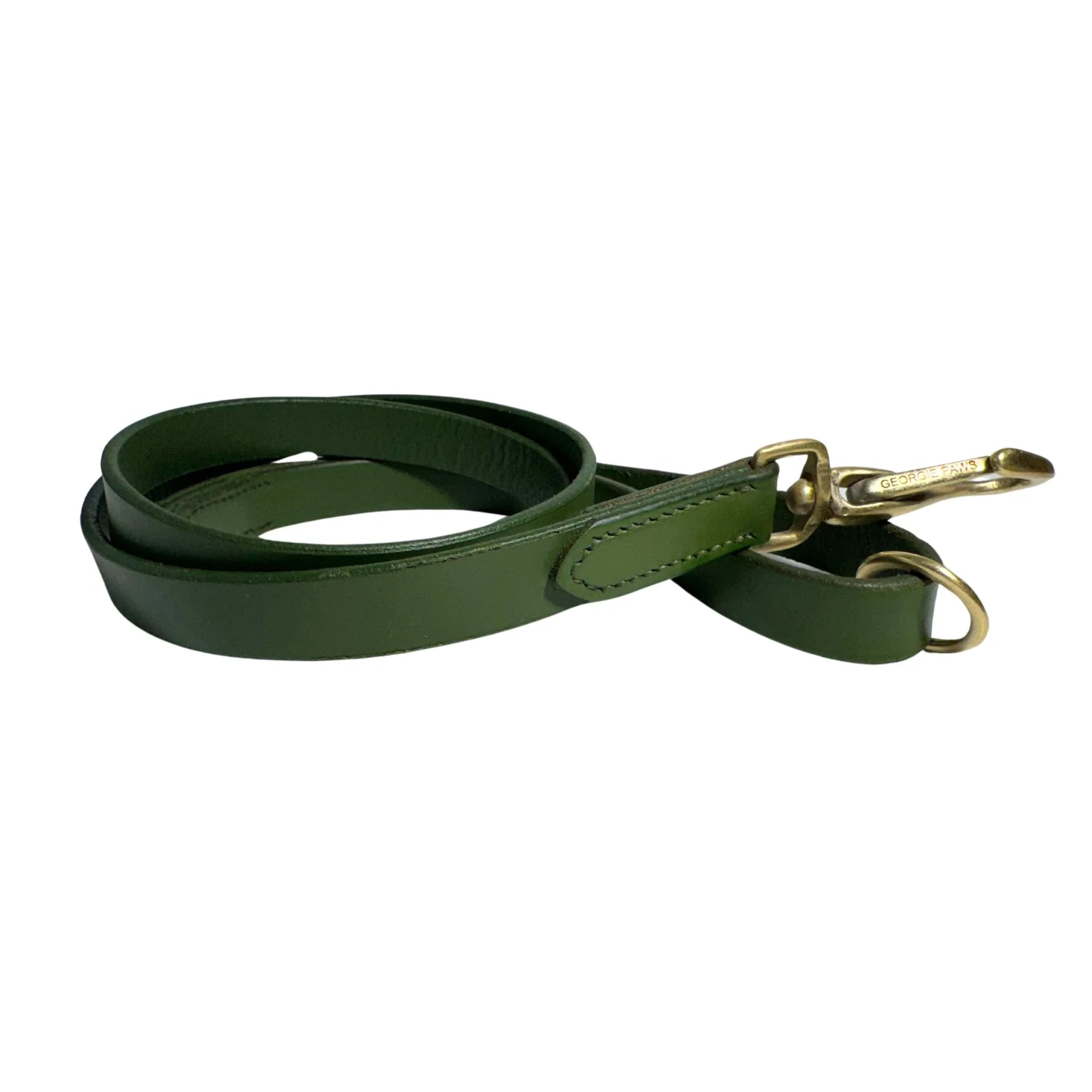 Green leather dog leash with brass clip