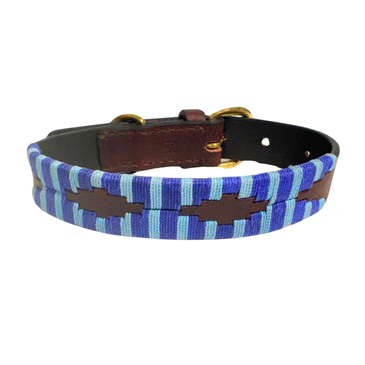 Leather Dog collar with blue and brown striped pattern  S/M/L