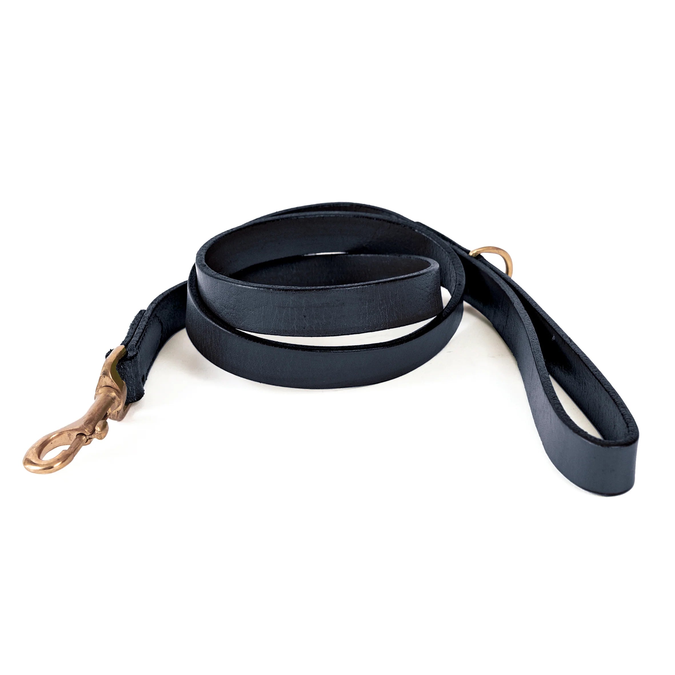 Black leather dog leash with brass clasp