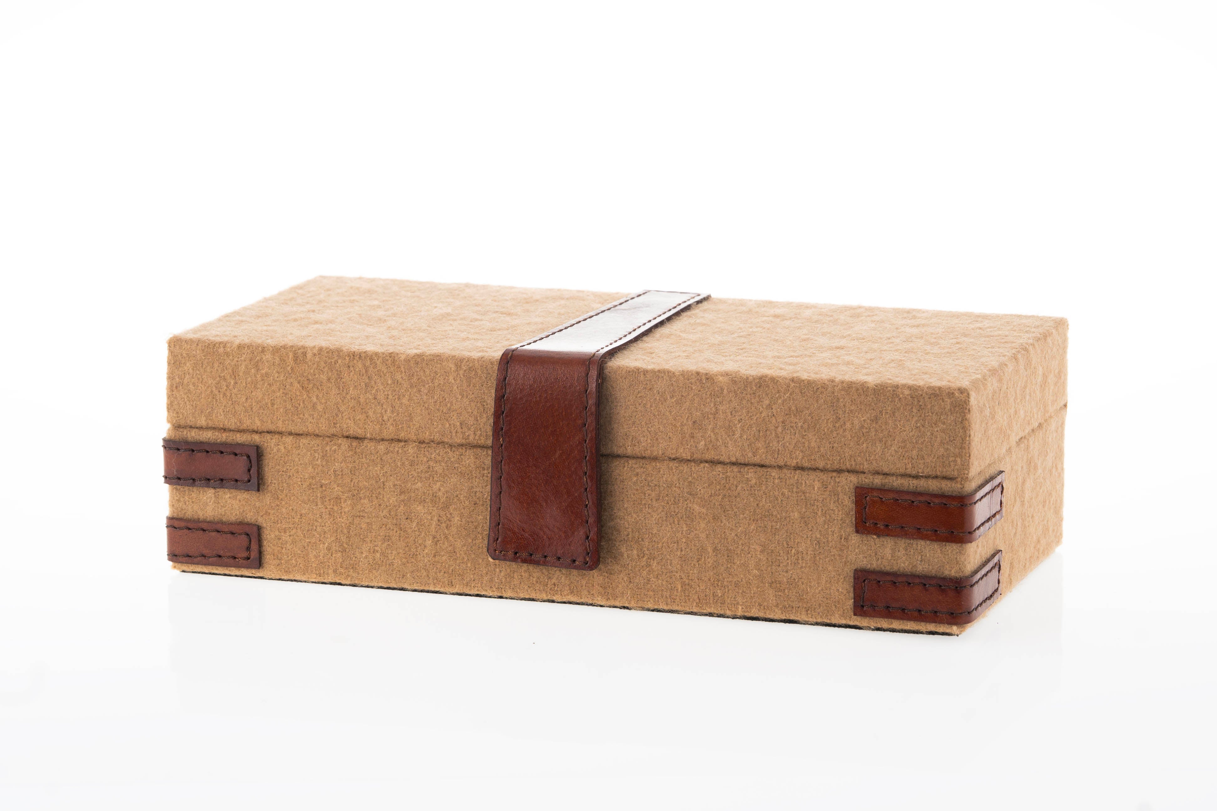 Beige Felt box with brown leather straps 