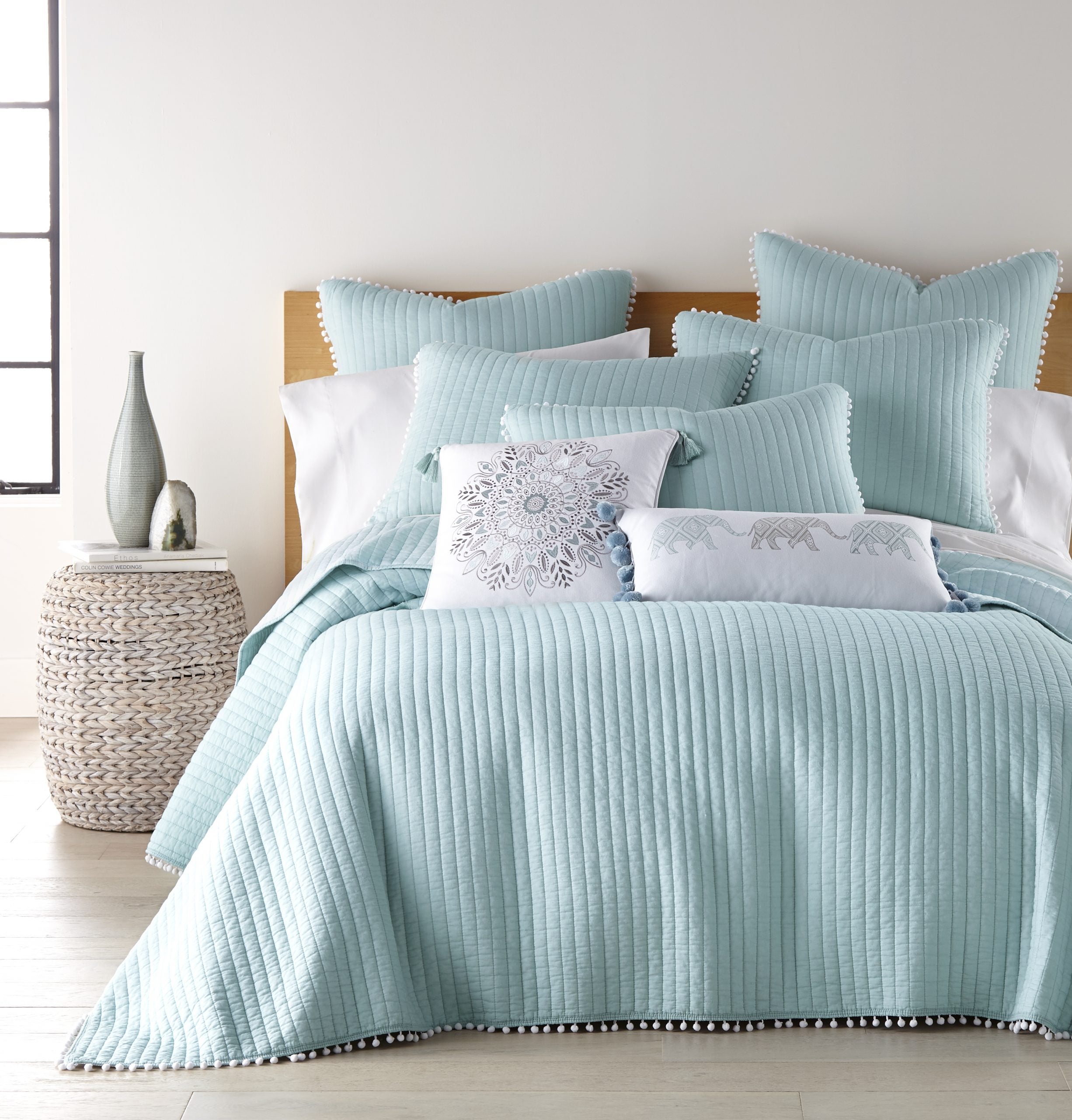 Pom Pom Coverlet Set Pale Blue