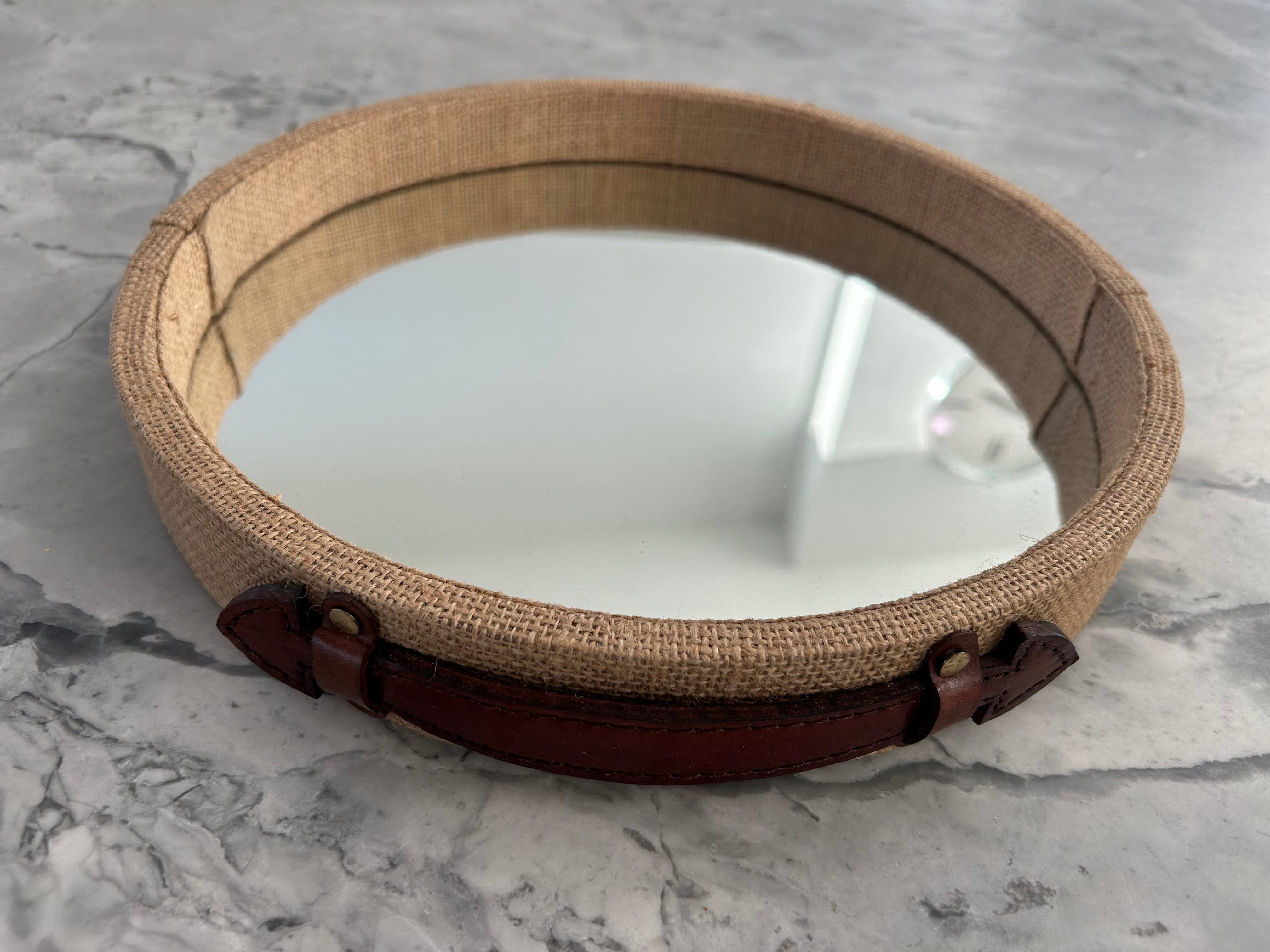 Jute & Leather Round Mirrored Tray 31cm