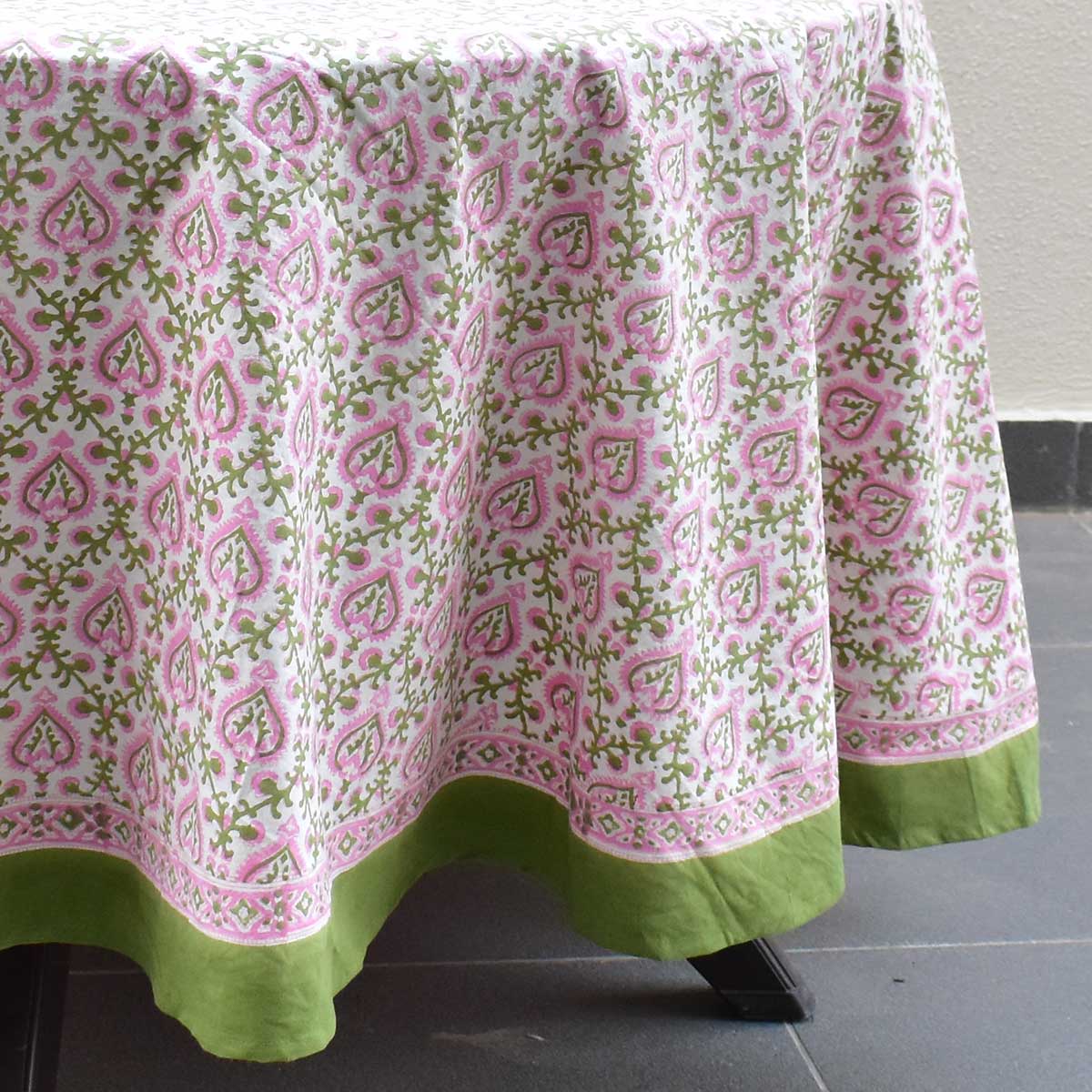 Block Print Round Table Cloth 220cm Mogul Pink Green