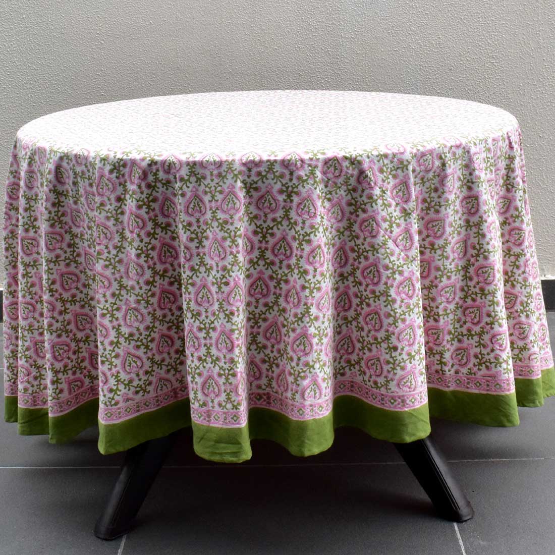 Block Print Round Table Cloth 220cm Mogul Pink Green
