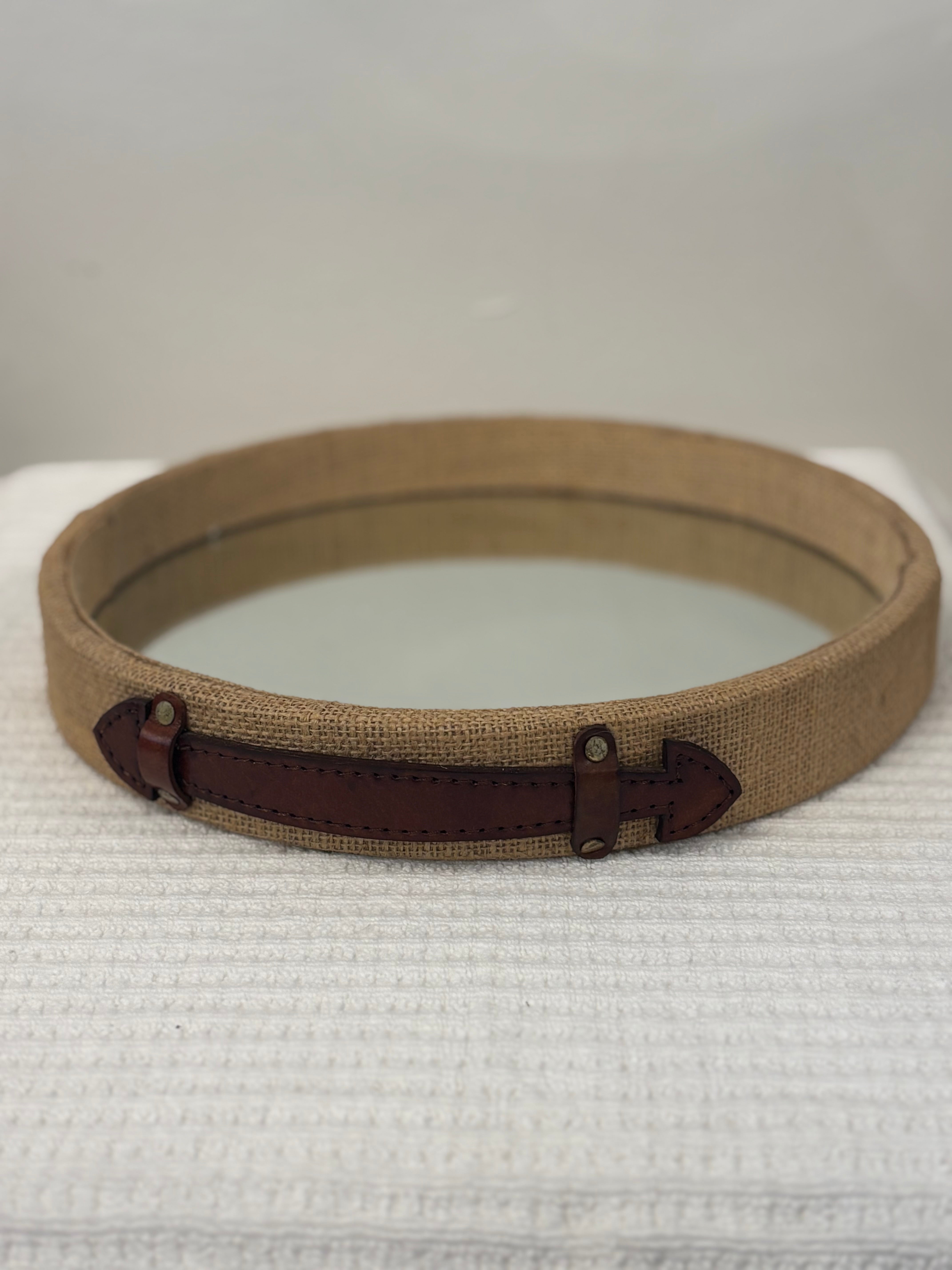 Jute&Leather med round mirrored tray 41cm