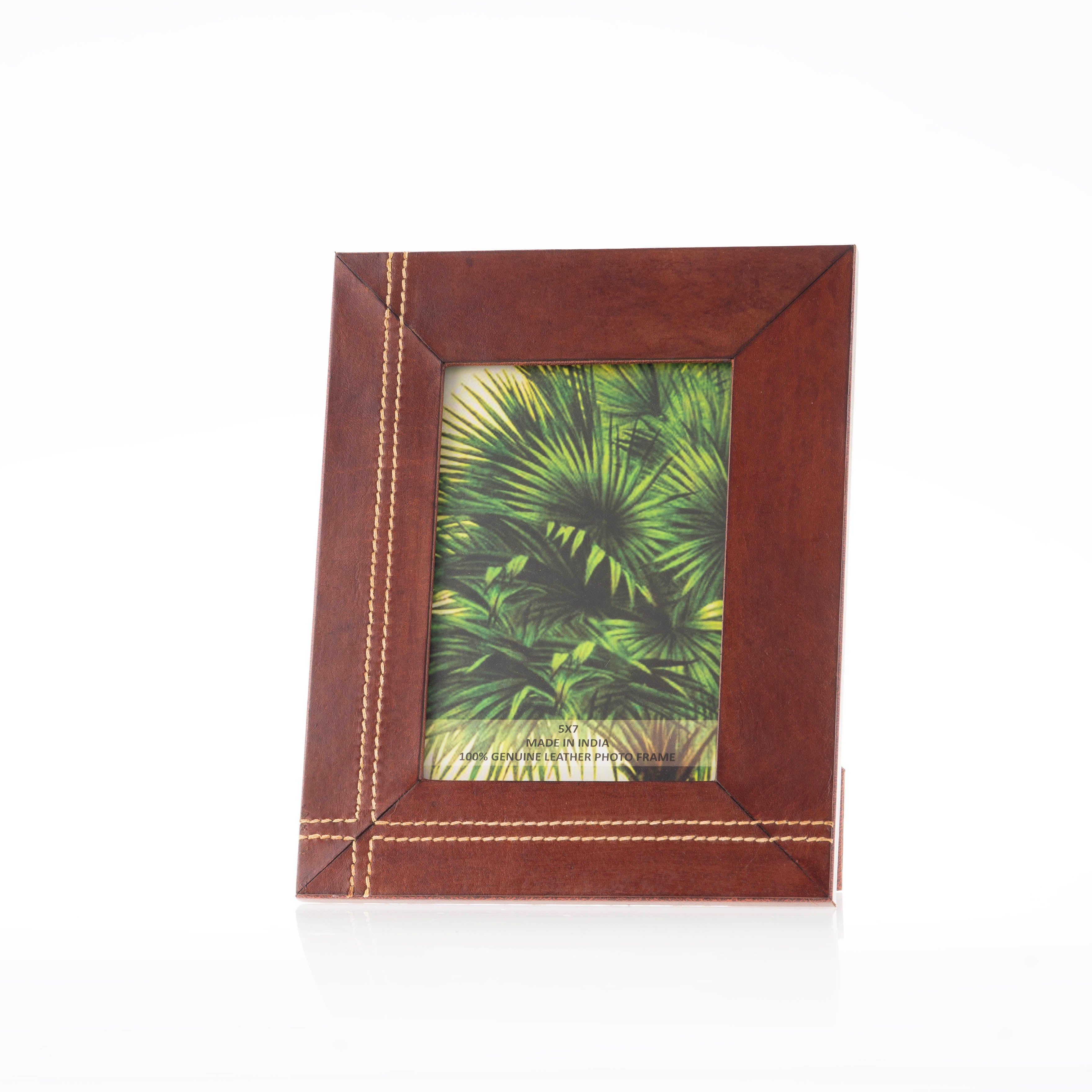 Brown leather picture frame with stitched pattern