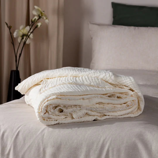 Folded white blanket on a bed with a neutral background