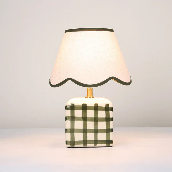 white shade checked base lamp green